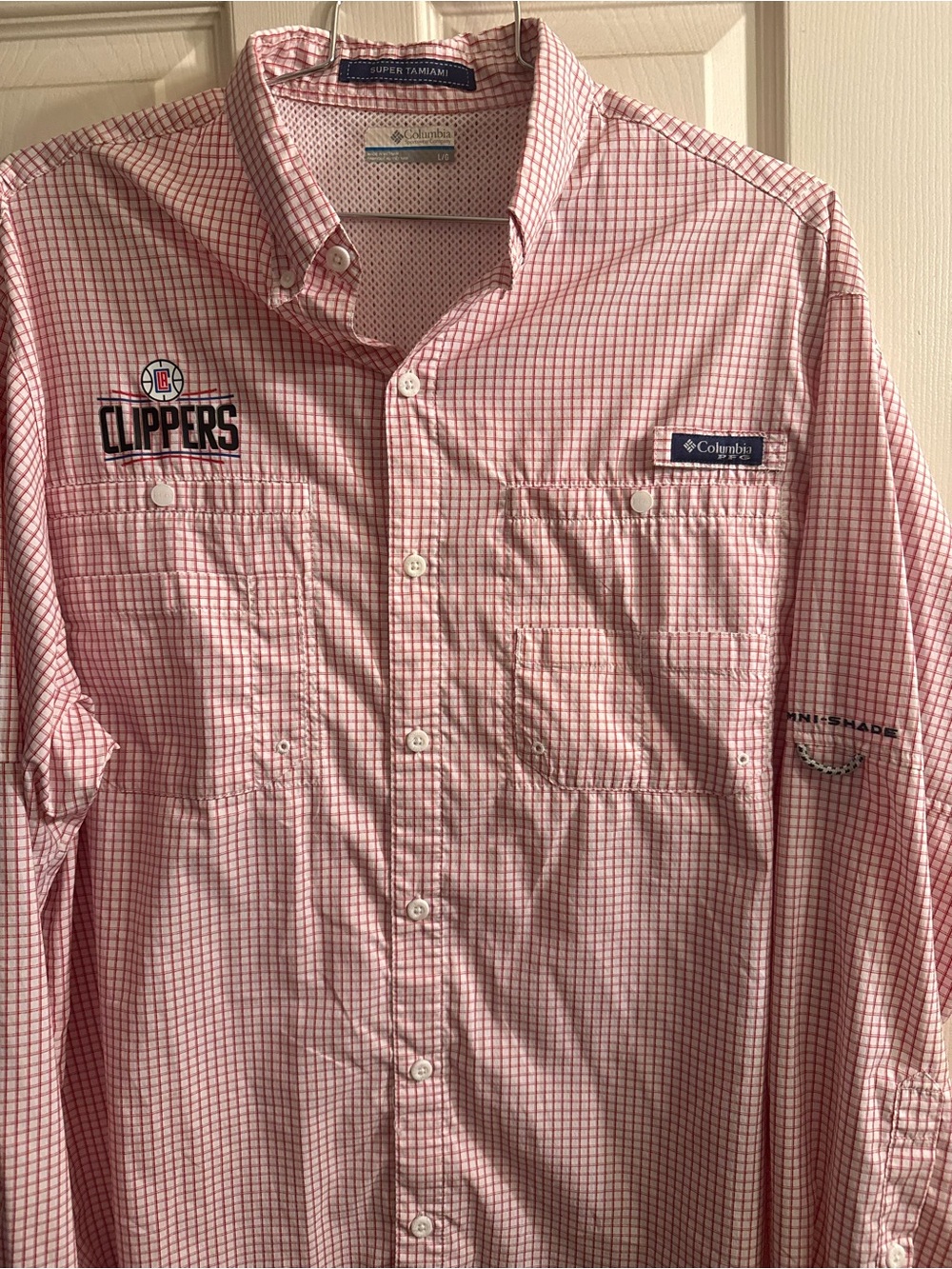NWOT Columbia Men’s Pink Check Button-Down Shirt with Clippers Logo